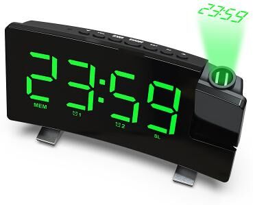 LightInthebox Projection Clocks FM Radio Curved-Screen Digital Alarm Clock LED Display with Dimmer Dual Alarm with USB Charging Port 12/24 Hours Backup Battery for Clock Setting