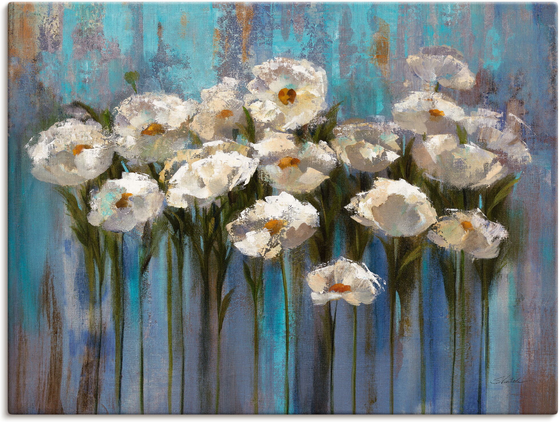Wandbild ARTLAND "Anemonen am See", blau (farbe bild(er): blau), B:80cm H:60cm, Bilder, Wandbild, als Leinwandbild, Poster in verschied. Grössen farbe bild(er): blau B/H/T: 80cm x 60cm, Leinwandbild Blumen Querformat, 1 Stk.