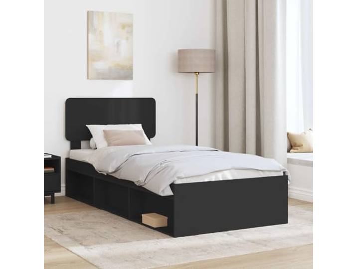 KTHLBRH Einzelbettgestell mit Kopfteil, schwarz, 90 x 190 cm Robustes Holz, feste Latten, einfache Reinigung, schnelle Montage