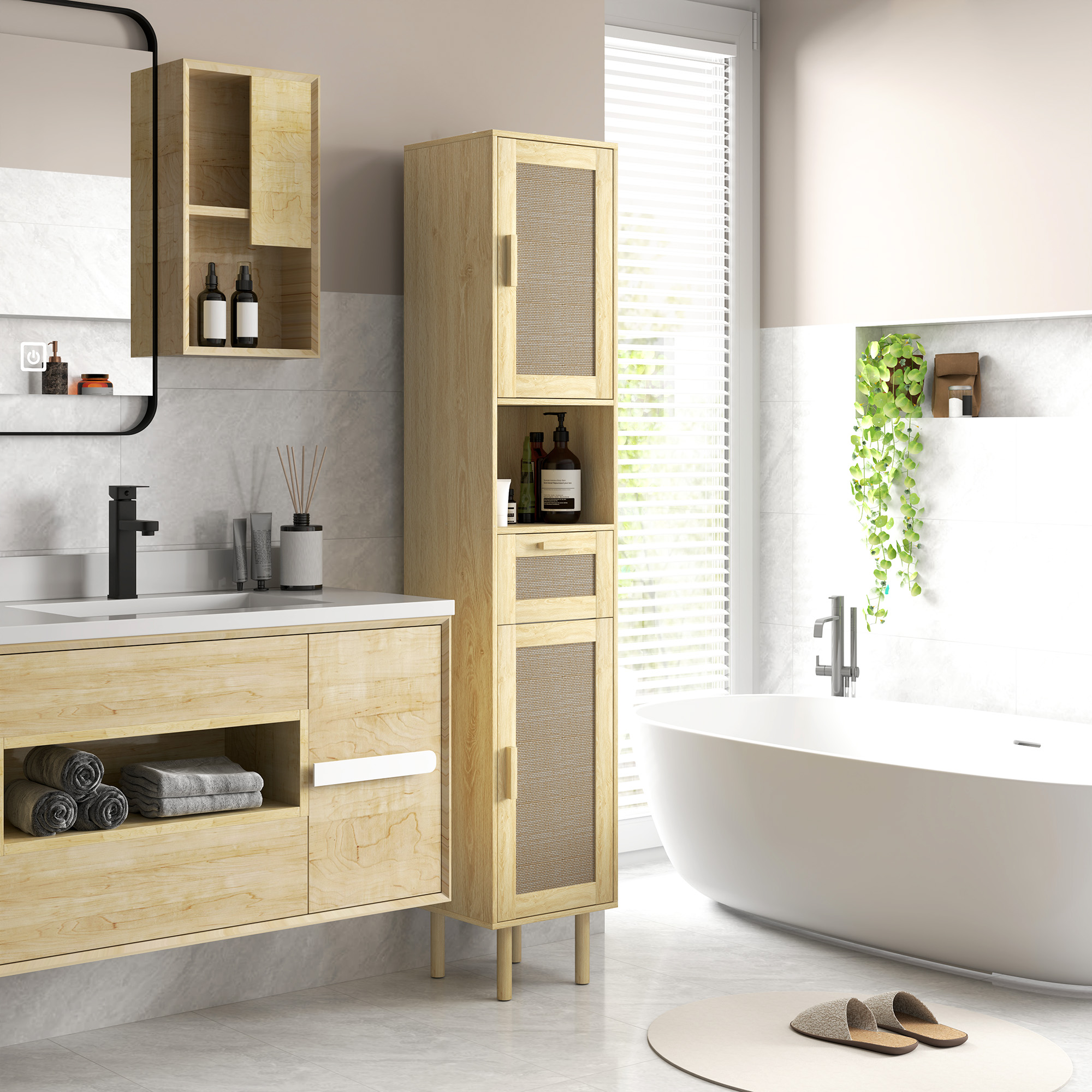 Homcom Mobiletto bagno colonna stoccaggio bagno con porte in rattan cassetto 2 armadi 32 x 30 x 170 cm rovere