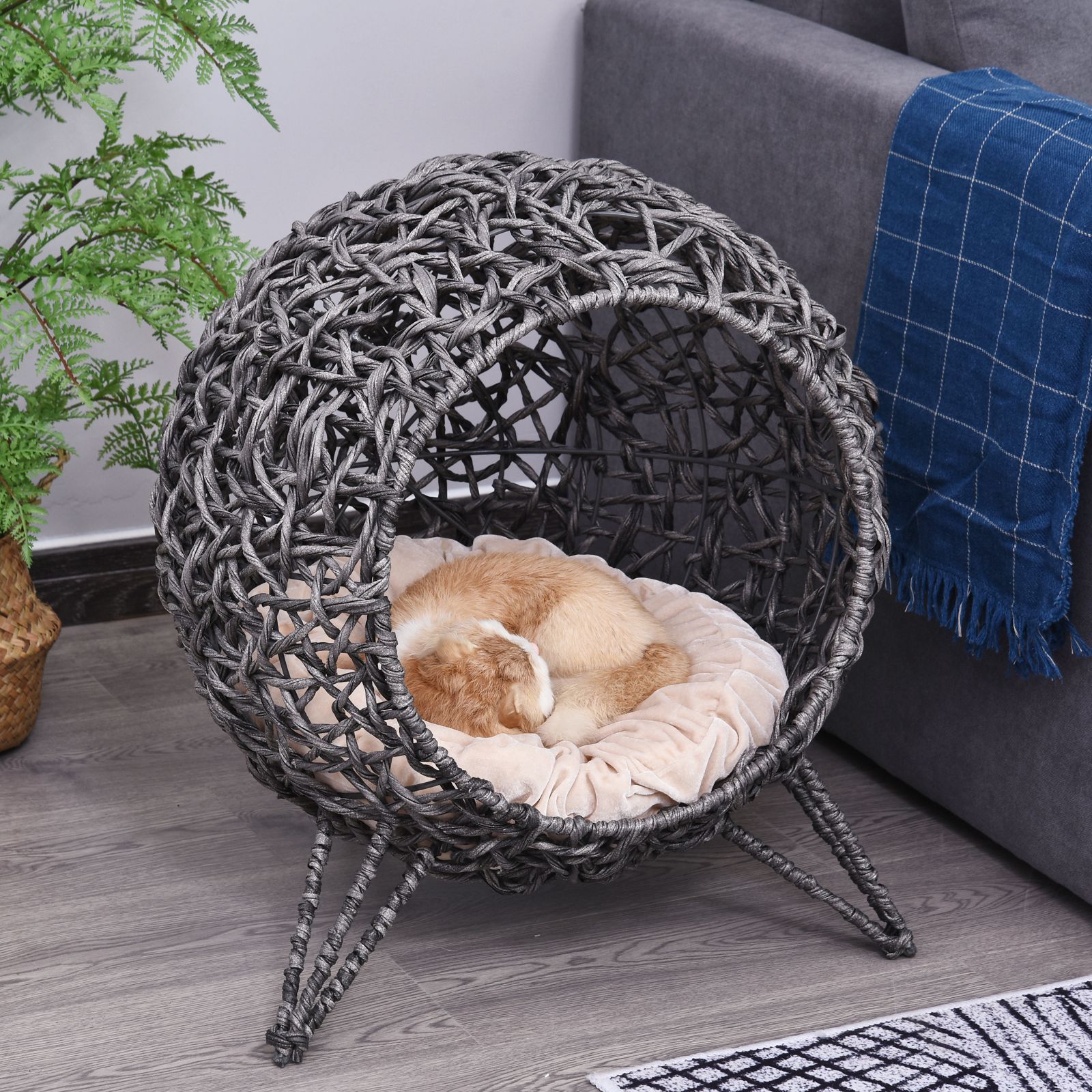 Pawhut Cestino gatto letto rialzato gatto accogliente grotta a gatto grande comfort dim. Ø 52 x 58H cm cuscino soffice incluso resina intrecciata effetto rattan grigio