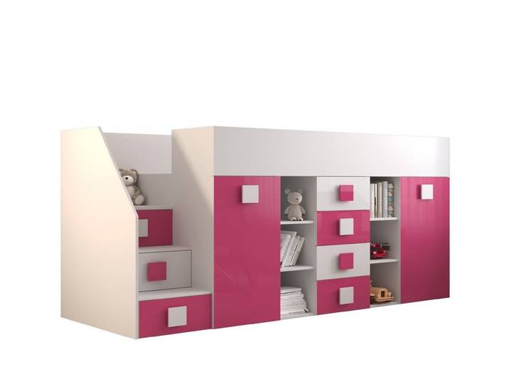 QMM TraumMöbel Hochbett TELLY 3 mit Treppe links (Möbelstück, 1-St., Bett mit Schrank, Schreibtisch, Schubladen, Regale, Treppe) ausziehbarer Schreibtisch mit weiteren Stauräumen