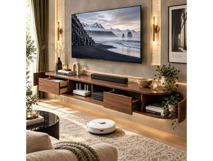 ATHOMASM TV Lowboard Hängend, TV-Schrank Aus Holz, Schwebender TV-Schrank Mit Stauraum, Hängende Medienkonsole, TV-Ablage Für Das Wohnzimmer, Moderne TV-Wandlösung, Schlanke TV-Regal(Brown,180cm)