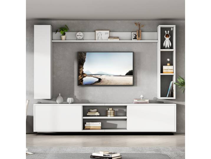 Ensemble mural TV 180*35*33,5 cm avec vitrines (ensemble complet, 4 pièces), panneau TV, support et 2 étagères murales, meuble TV, TV jusqu'à 80'