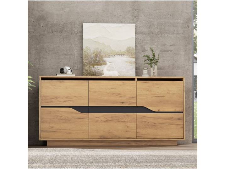 Buffet Bas 3 Portes Bois Et Noir Bahut Moderne FloraGrace Pour Salon Etageres Reglables 140x40x70cm