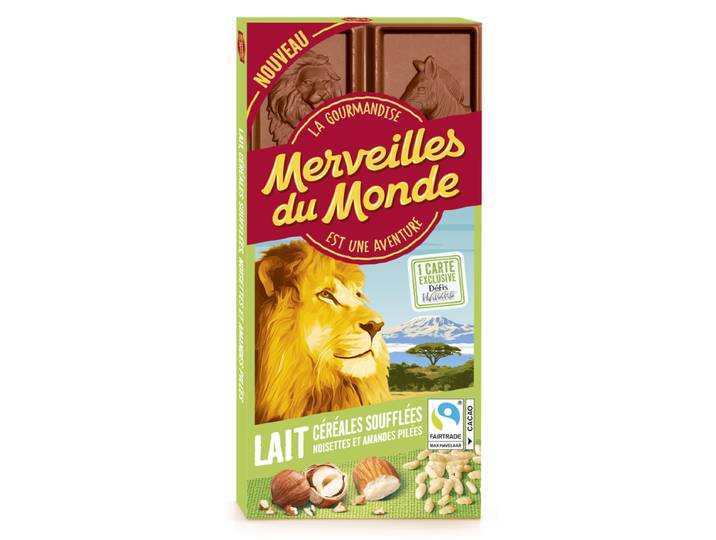 Merveilles du Monde Chocolat Lait, Amandes et Noisettes pilées &amp; Céréales soufflées 100g