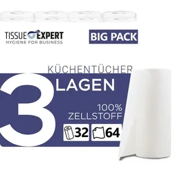 Tissue Expert Küchentücher, 32 Rollen á 64 Blatt, 3-lagige Küchenrollen, 100% Zellstoff