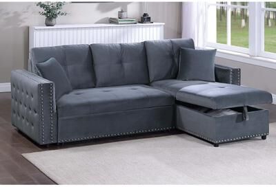Esofastore Button Tufted Convertible Sectional 2pc Hidden Storage Smoke Finish