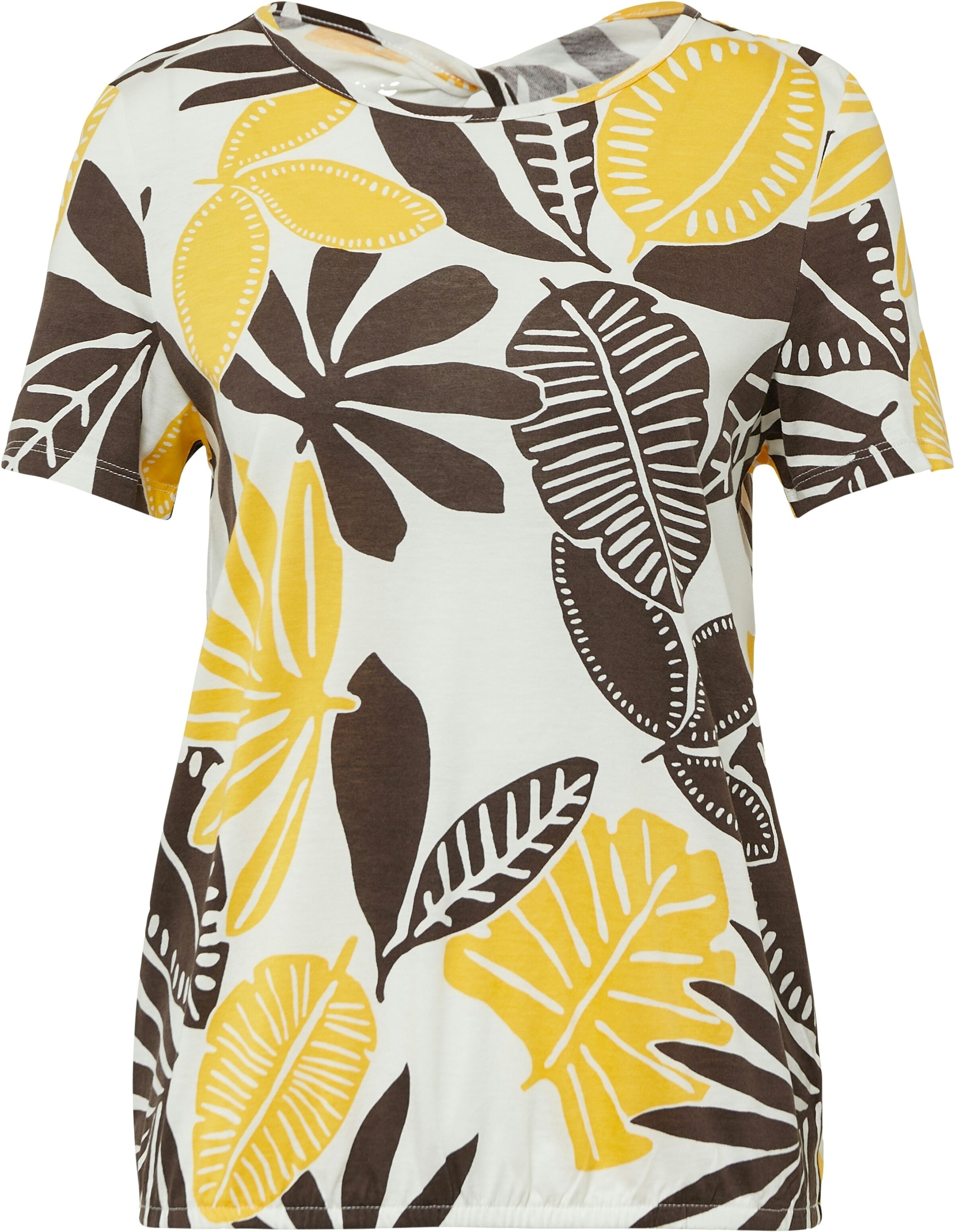Print-Shirt S.OLIVER, Damen, Gr. 36, schwarz (beige schwarz), Jersey, Obermaterial: 50% Baumwolle, 50% Modal, bedruckt, geblümt, regular fit hüftbedeckend, Rundhals, Shirts Print-Shirt, im O-Shape mit Cut-out beige schwarz 36