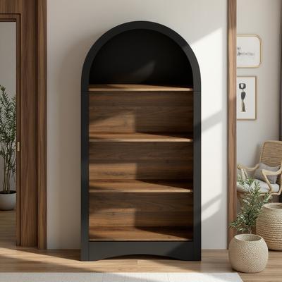 ZWYO HOSIMU "47"" Freestanding Display Rack with 4-Tier Arched Woodgrain Shelves, Multifunctional Storage Cabinet & Curved Base"