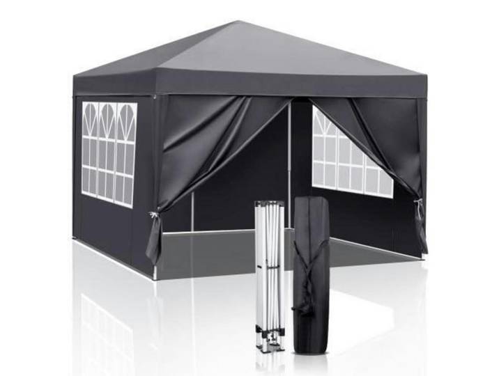 Pavillon 3 x 3 m wasserdicht UV Schutz 50+ mit 4 Seitenteilen Dunkelgrau, Anthrazit, Metall, 255x300x300 cm, Sonnenschutz, Pavillons