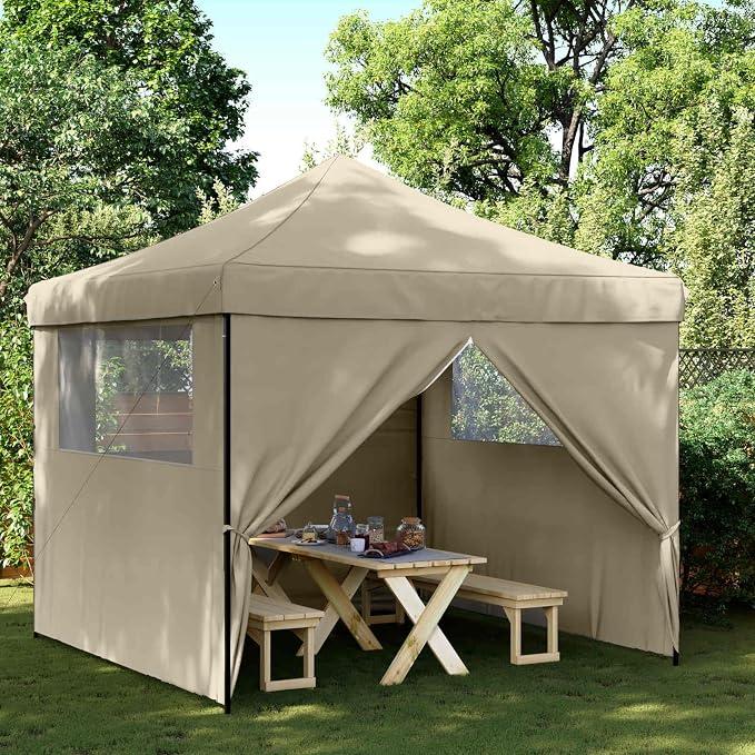 Pop-up Partyzelt Taupe 292 x 292 x 315 cm aus Oxford-Stoff mit PVC-Beschichtung, inklusive 4 Windseilen und 8 Erdnägeln für sicheren Stand bei Outdoor-Events