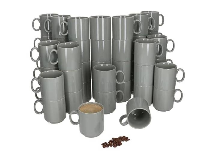 MamboCat Event 48er Set Kaffeebecher I 250 ml I graue Porzellan-Becher mit Henkel 48 Personen I stapelbare Tassen für Heißgetränke wie Tee, Kakao, Latte Macchiato & Co I schickes Kaffee-Geschirr
