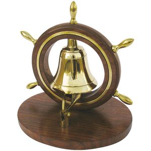 SEA-CLUB Tischglocke Steuerrad, 9310, gold, 12,5 x 10 x 13cm (BxHxT), Messing mit Holzsockel