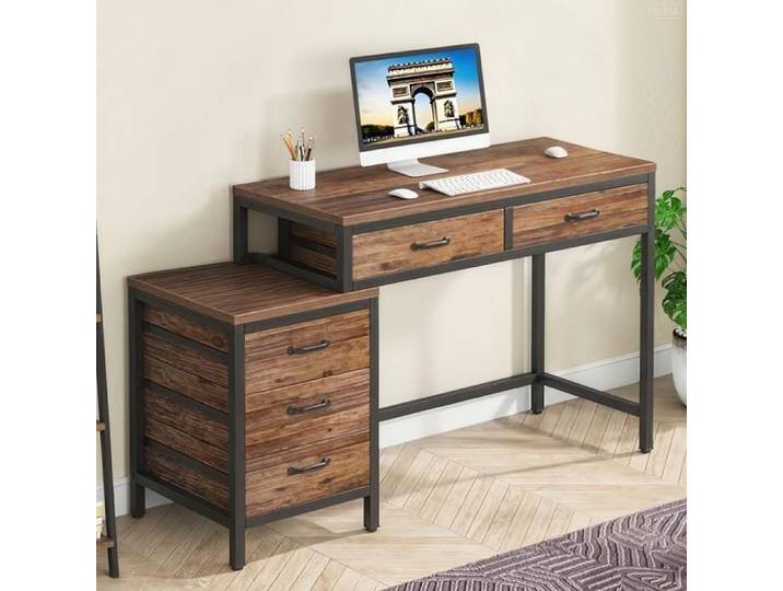 TOPESCT Bureau d'ordinateur Table de Bureau avec 5 Tiroirs Bureau Informatique avec Armoire à tiroirs réversible 130x45x82cm
