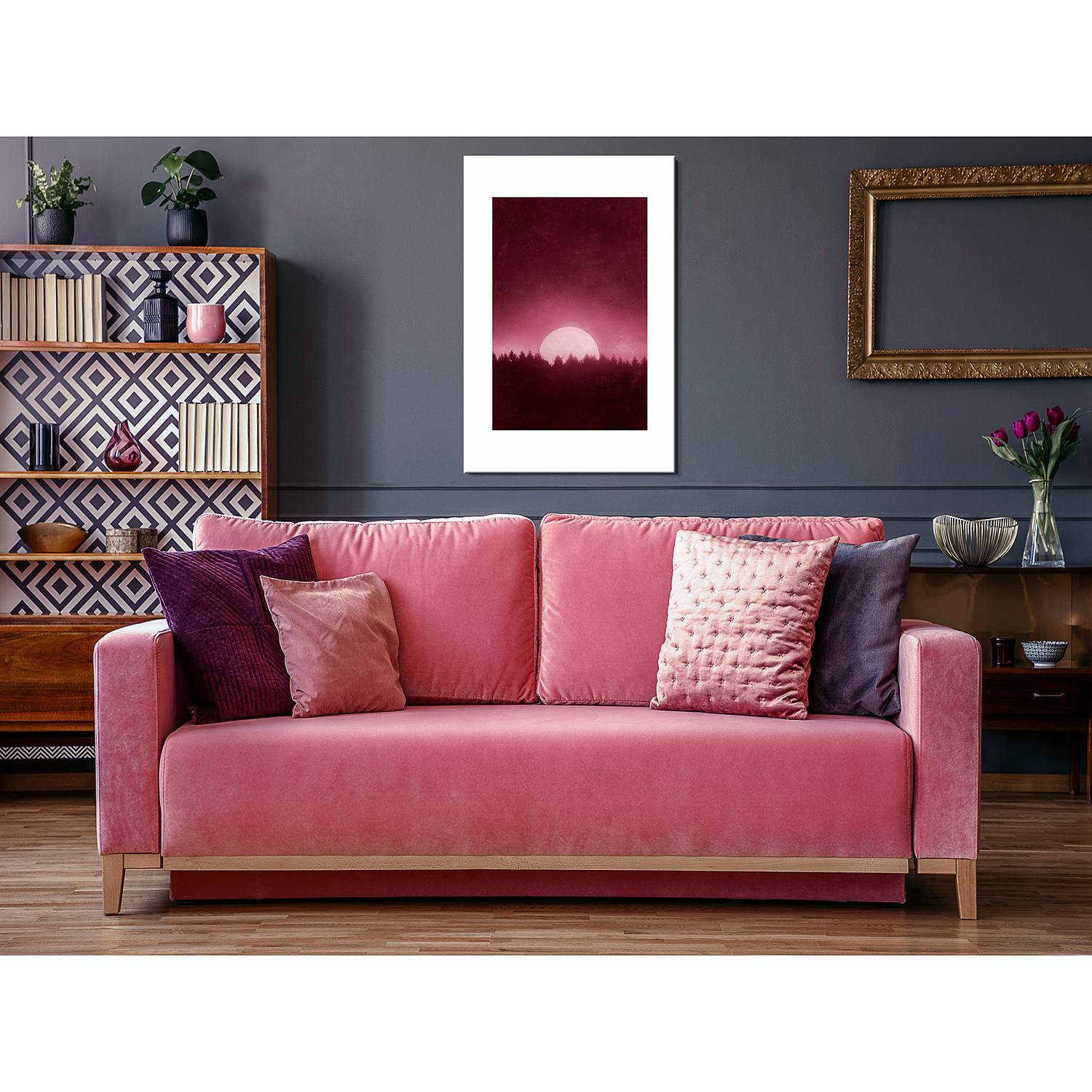 home24 Full Moon abstracte wanddecoratie linnen roze 40 x 60 cm