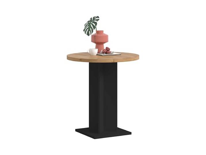xonox.home – Esstisch Gustav 70x76x70 cm in Artisan Eiche Nachbildung und Schwarz – Kleiner runder Bistrotisch mit Säulenfuß – ummantelte Tischkanten, stabile Bauweise & einfache Montage mit Anleitung