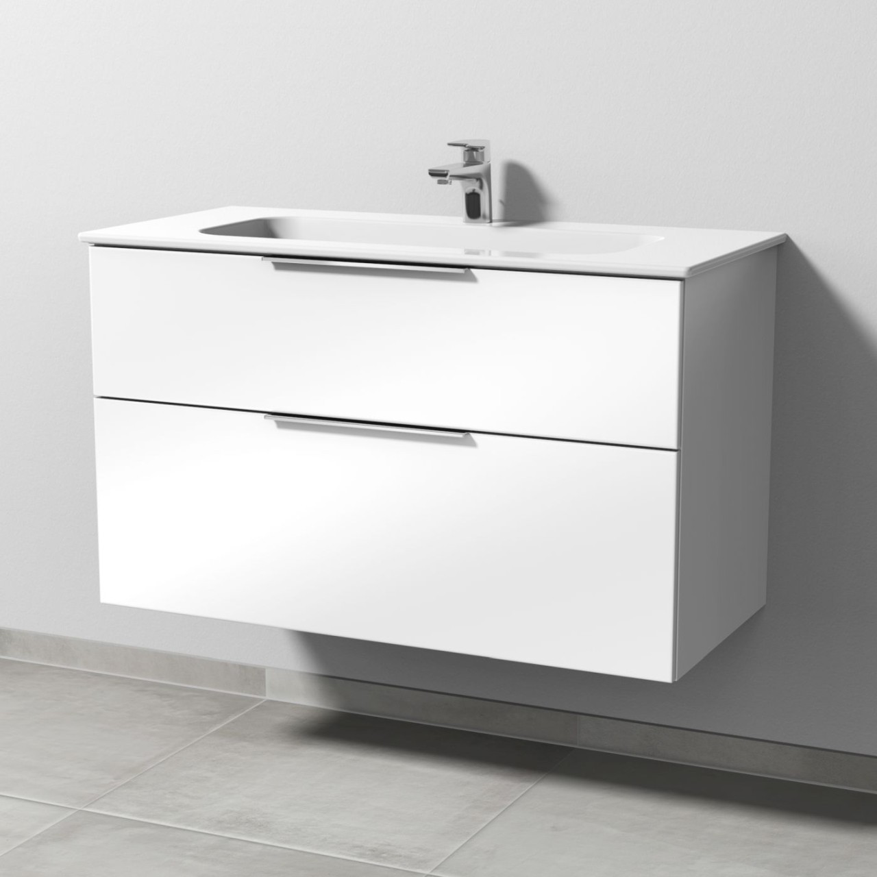 Sanipa 3way Keramik-Set Design Keramik-Waschtisch und Unterbau mit 2 Auszügen, Weiß-Glanz UF48178