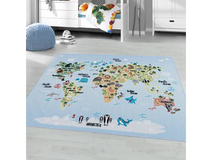 Kinderteppich AYYILDIZ TEPPICHE PLAY 2917 , blau, B:120cm H:6mm L:170cm, Polyamid, Teppiche, Kinderteppich, robuster Kurzflor, bunte Weltkarte, Weltmeere, Tiere, Kinderzimmer