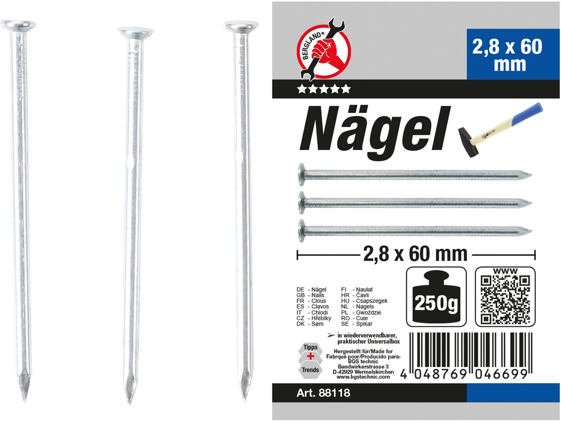 BGS Do it yourself Nägel-Sortiment 88118, 250 g, 2,8 x 60 mm)
