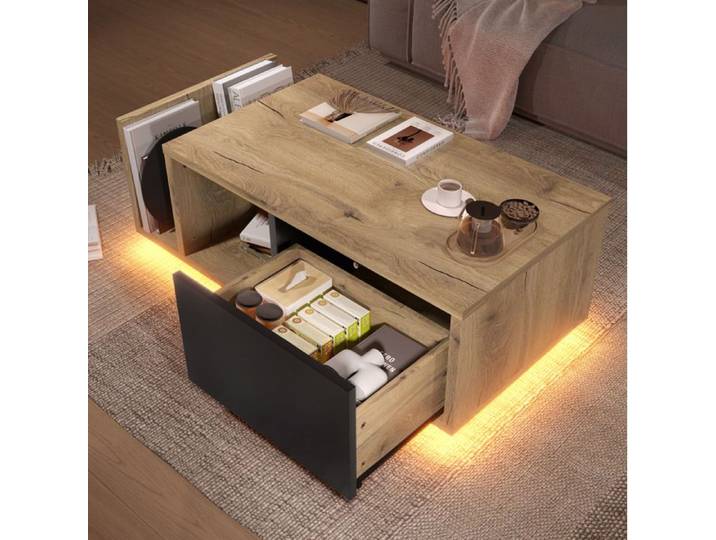 Buffet bas rétro en bois d'ingénierie naturel et noir avec LED tiroir compartimenté et niche ouverte
