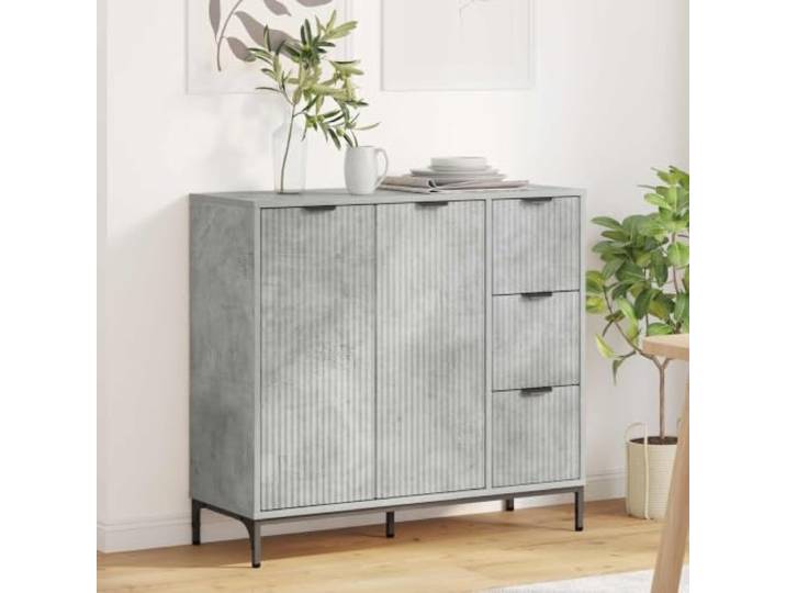 Jkghdrt Sideboard Beton Grau 89,5 x 33 x 82 cm Holzwerkstoff Schrank Rechteckiges Design, robuste Konstruktion, große Staufächer, schwarze Stangengriffe, inklusive Wandbefestigung