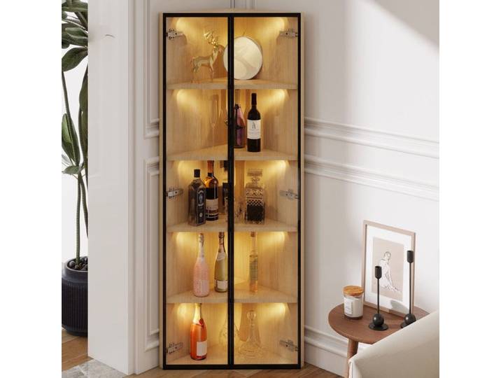 Vitrine d'angle - MODERNLUXE - 62x35x160cm - Éclairage LED - 2 portes vitrées - MDF - Naturel