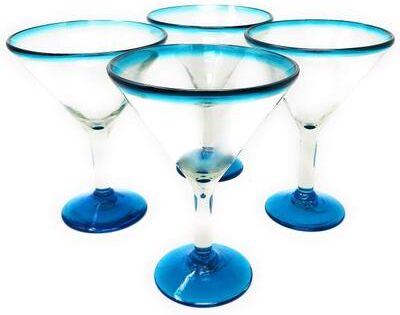 Dos Sueños Dos Suenos Mexican Hand Blown Glass - Set of 4 Hand Blown Modern Margarita Glasses - Aqua Rim (12 oz)