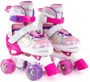 Costway Kids Roller Skates 4 Sizes Adjustable Quad Skates with Light-up Wheels and Safety Protection-Rose Red