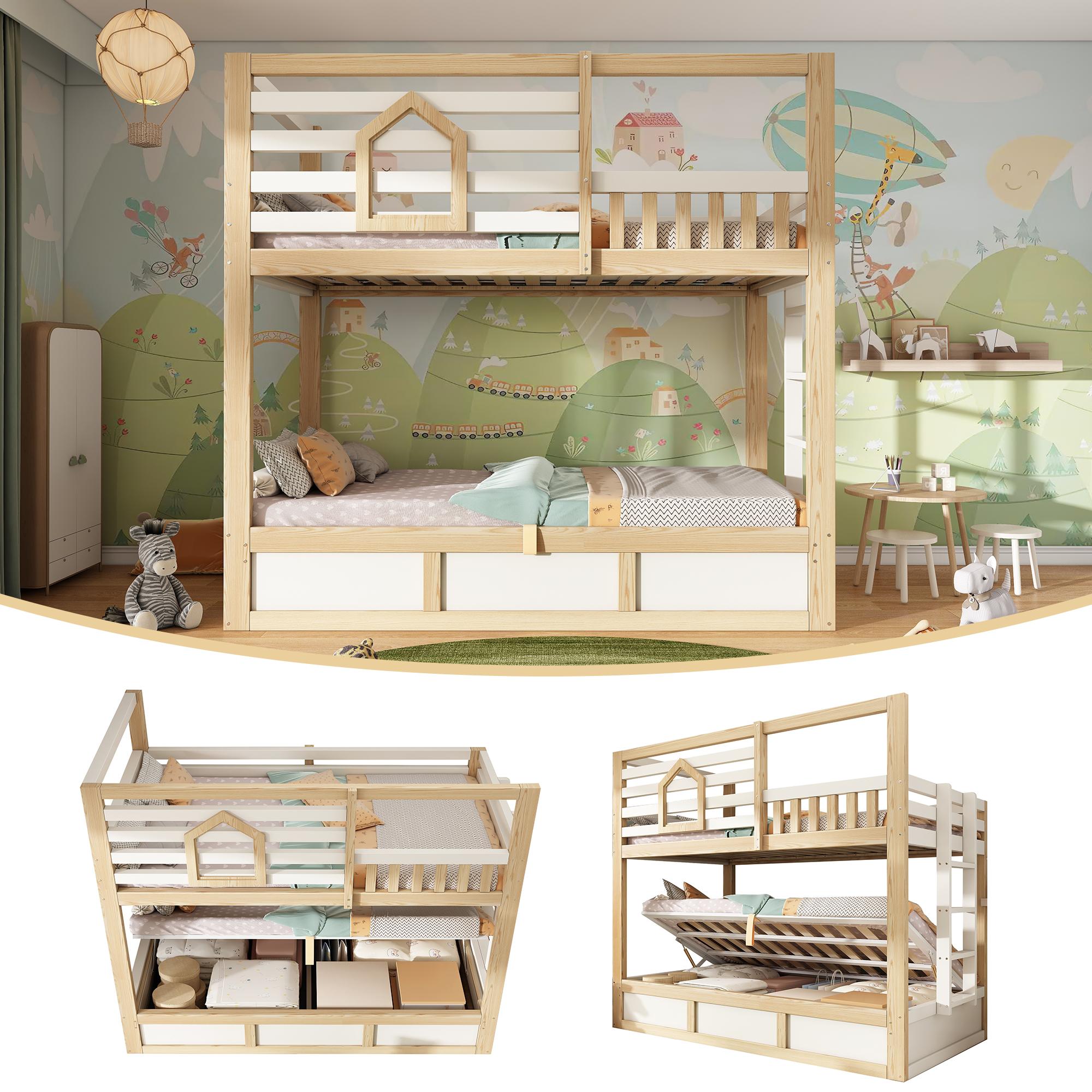 Kinder Etagenbett 90x200 cm (2 Liegeflächen), Hüttenstil Weiß/Naturholz mit Fenster Sicherheitsgeländer, Gerade Leiter