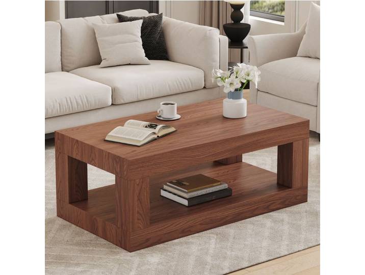 VUENOR Table basse rectangulaire à deux niveaux effet noyer étagère ouverte en MDF