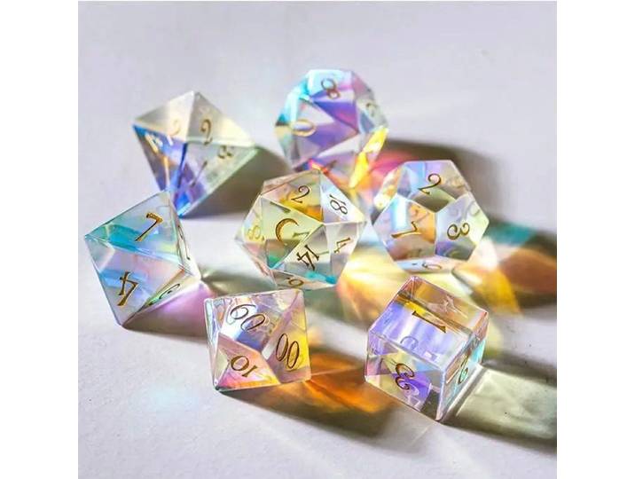 HOT Games Dobbelst.Set - 7-delige Glas dobbelstenen - Regenboog