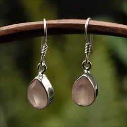Drachensilber Zarte Ohrringe Rosenquarz schlicht 925 Silber Ohrhänger zeitlos - Silber