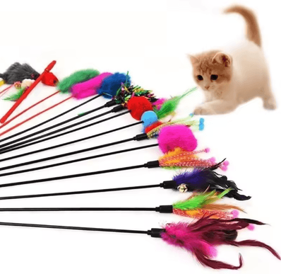 Inspire Picks 5 Piece Turkey Feather Cat Teaser Wand Set Interactive Cat Toy With Wire Chaser & Bell Attachments 5 Pcs