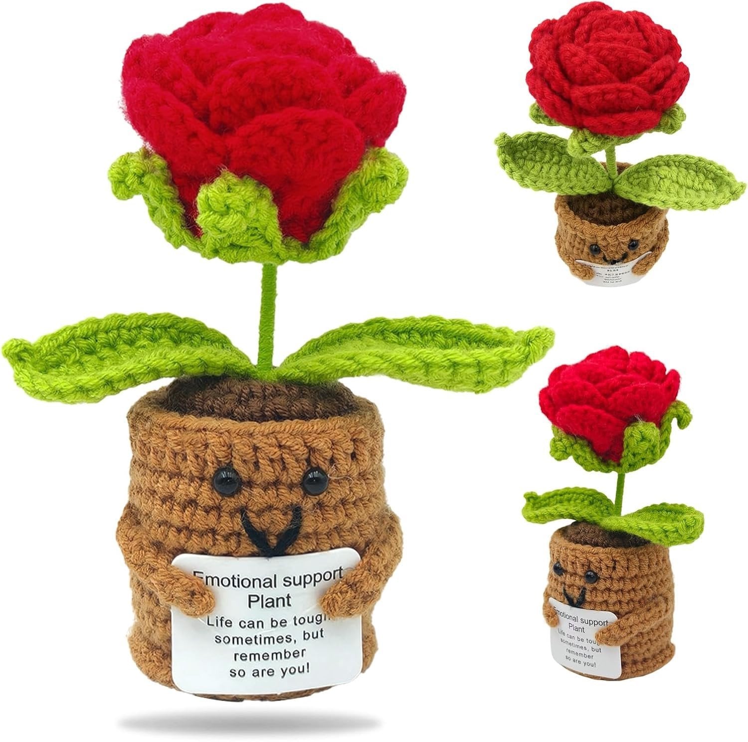 Handgemaakte rode gehaakte rozen als emotioneel steuncadeau en creatieve decoratie voor thuis