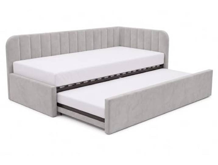 Kinderbett 100x200, Schlaffunktion, Matratze T28-30, Grau, Rechte Schlafsofa mit zwei Liegeflächen, Jugendbett mit einer Schublade für Bettwäsche, Weicher Stoff