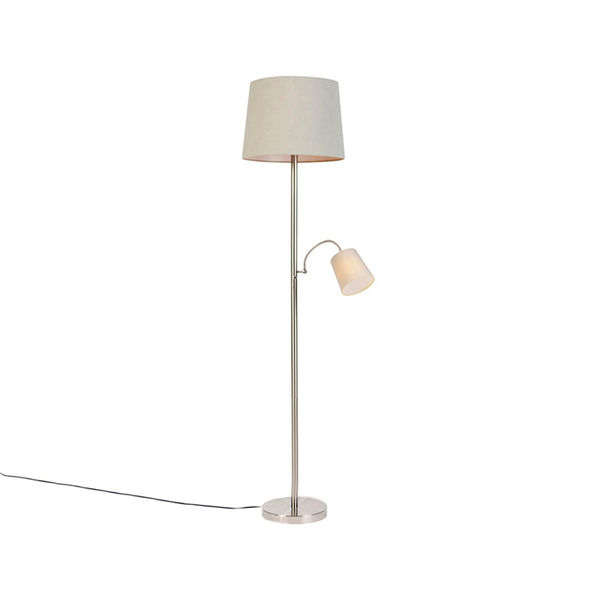 Qazqa Smart vloerlamp van staal met grijze stoffen kap, dimbaar en incl. Wifi A60 E14 lamp en afstandsbediening, zilver/grijs