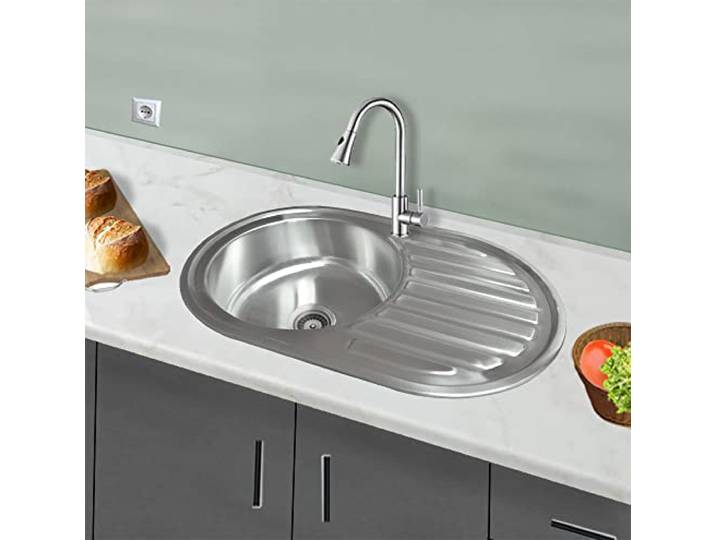Omeere 77x50 Küchenspüle Edelstahl 304 0,8mm,Einbauspüle rund klein, Spülbecken Edelstahl eckig rund 1 Becken Spüle Ablage Camping klein