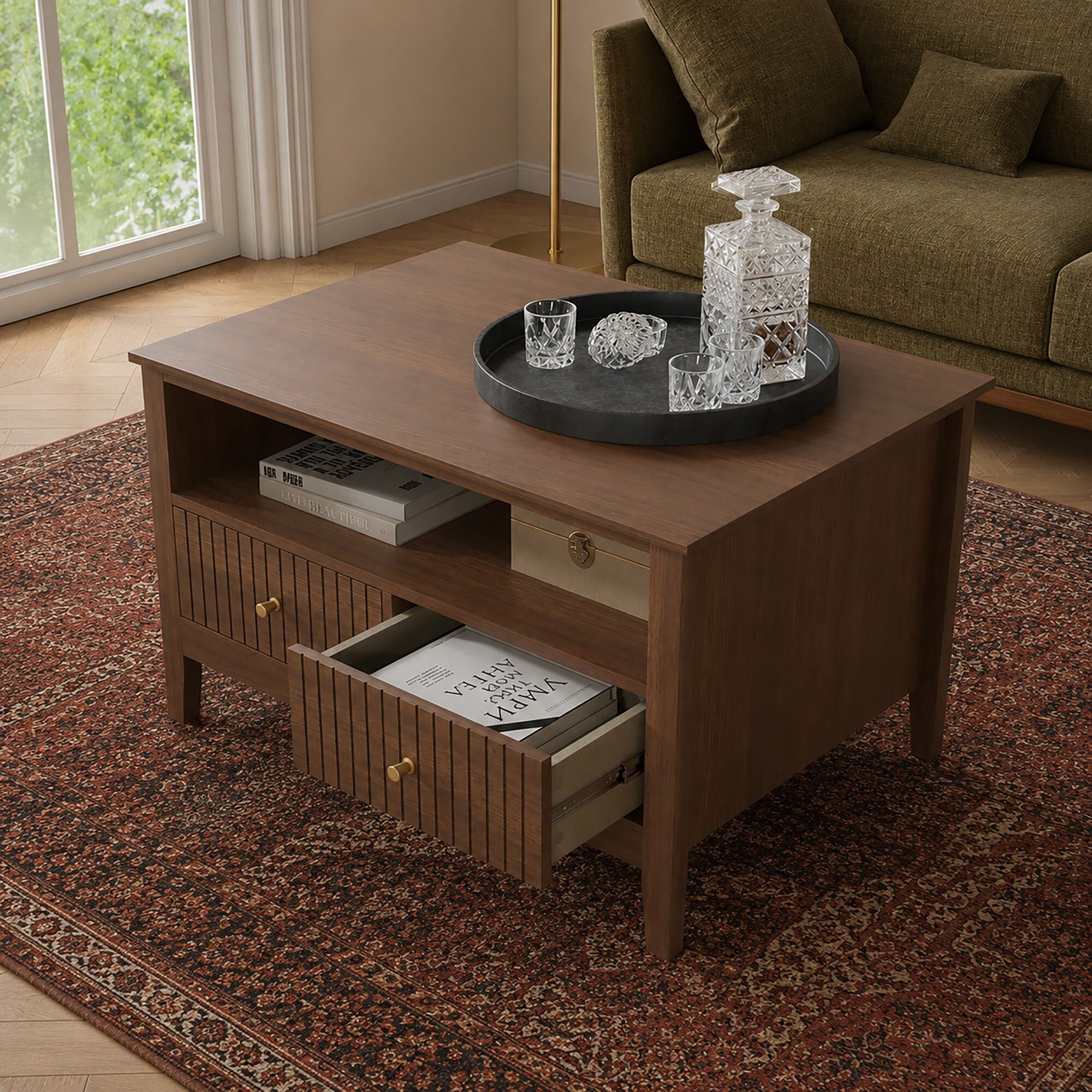 Fluted Four Drawer One Shelf Coffee Table - Hales Dark Wood Range Manufactured Wood, Metal