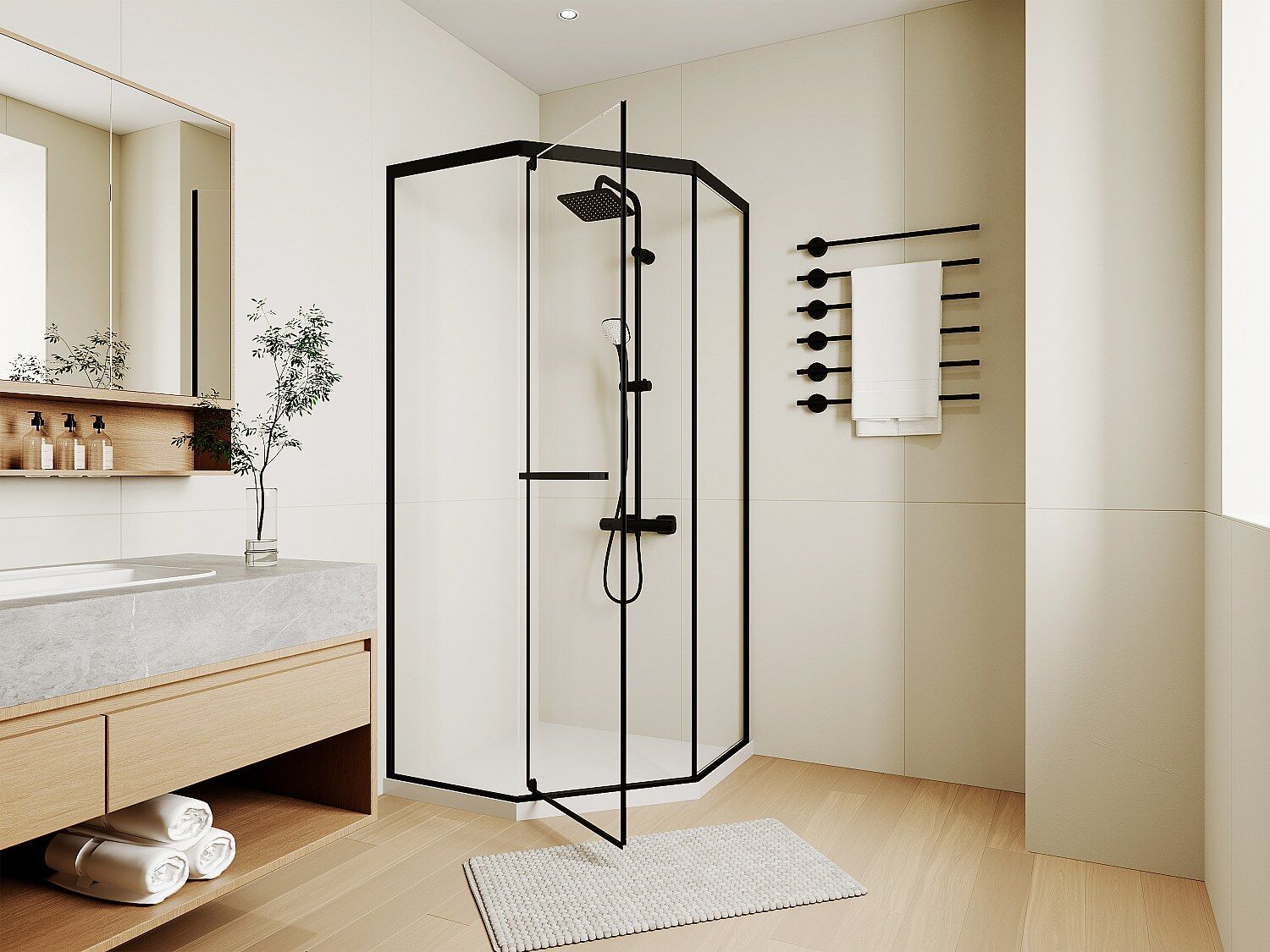 Unique Mampara de ducha pentagonal con plato - 80 x 80 x 195 cm - Negro mate - CRISTELIO