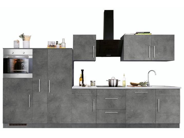 Küchenzeile, Holzwerkstoff, Grau & Betonfarben, 360×60 cm, Mit E-Geräten, Serie Cali