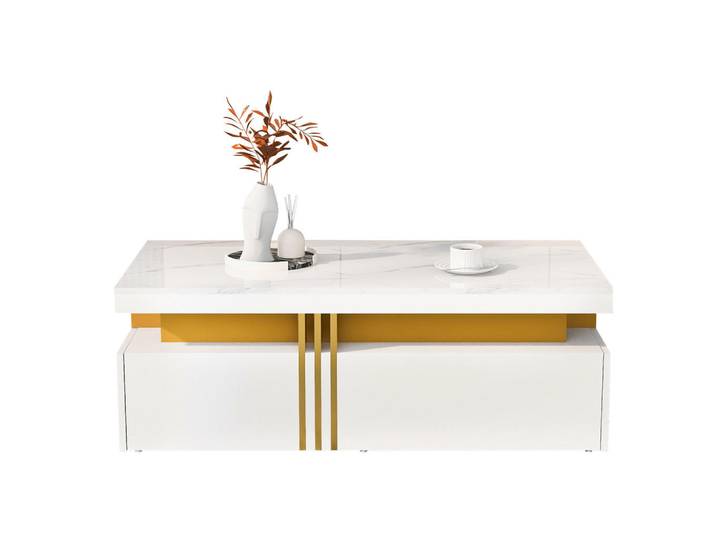 Redom Couchtisch, marmorierte Hochglanz-Tischplatte, 2 Schubladen, weiße Spanplatte mit Metallkante, 100/50/40 cm,weiß, Weiß, 50x40x100 cm, Wohnzimmer, Wohnzimmertische, Couchtische