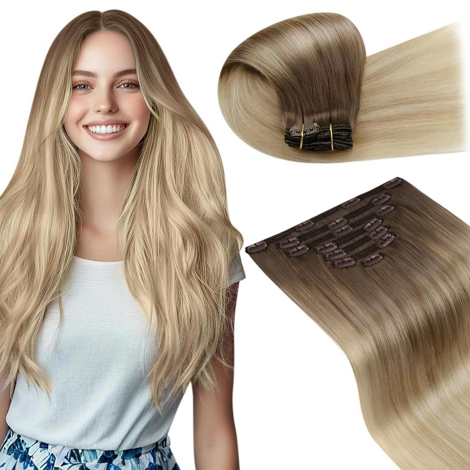 Clip-in Haarverlängerung Echthaar Balayage Braun Blond 7 Stück 135g 60cm