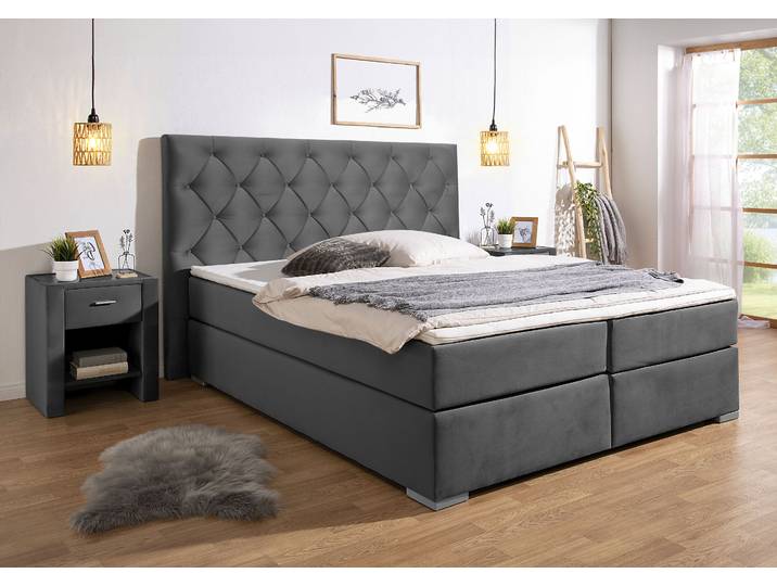 Boxspringbett, Samt-Velours, Anthrazit, 203×210 cm, Inkl. Topper, Klassisch, Home Affaire