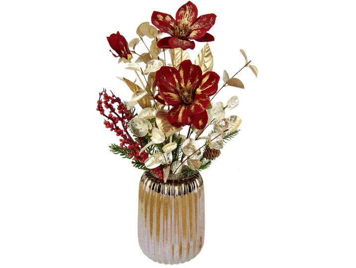 Winterliche Kunstpflanze I.GE.A. Gesteck mit Magnolie in Keramikvase, Weihnachtsdeko , rot, H:50cm Ø:20cm, Polyester, Kunstpflanzen, Winterliche Kunstpflanze, Kunstblumen-Arrangement, festliches Blumenensemble, Weihnachtsgesteck