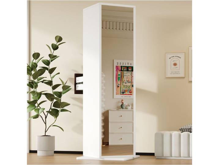 Vitrine rotative avec miroir pleine longueur EVRYAE 45 x 45 x 168 cm rangement ouvert 1 tiroir blanc