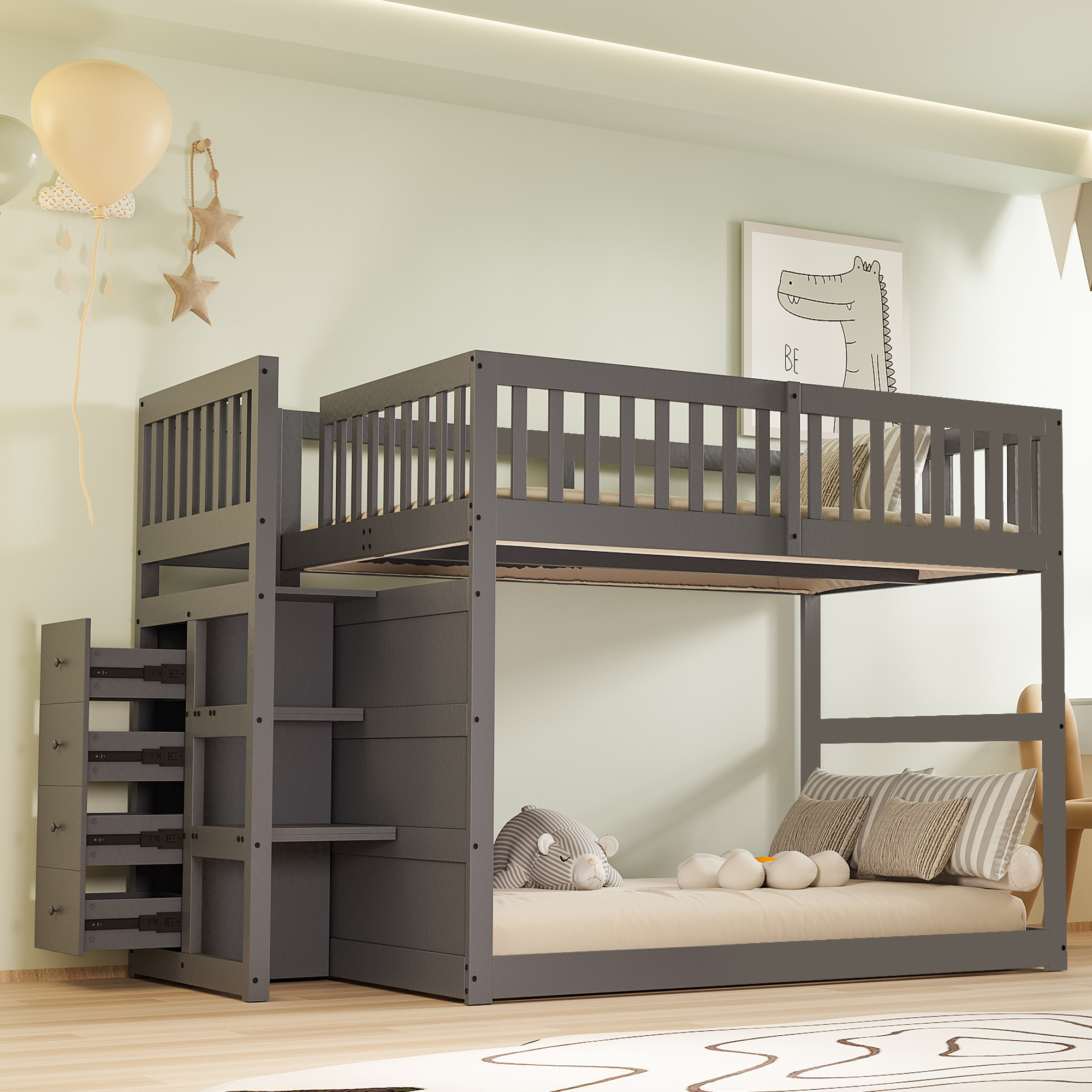 Niedriges Etagenbett 140 x 200 cm, Sicherheits-Etagenbett mit Staufach, hohes Zaun-Design, Holzbett, grau