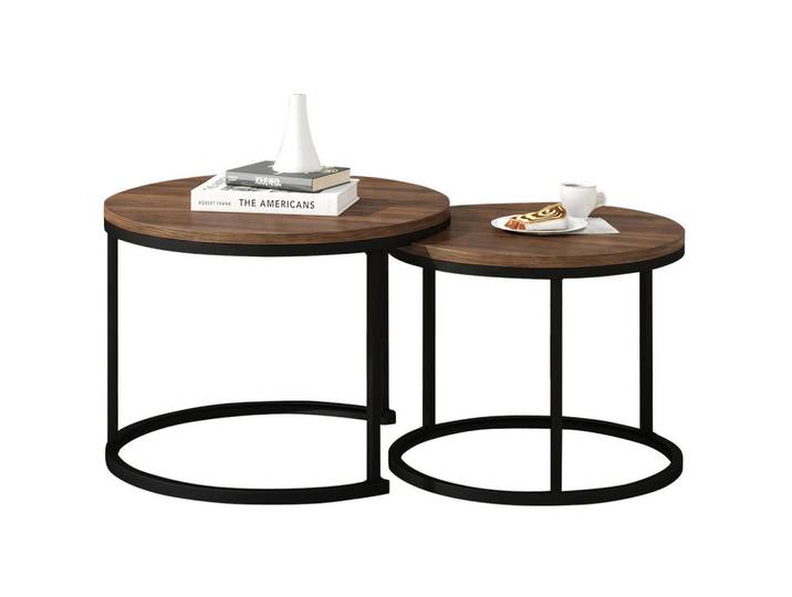 Redom 2ER Set runde Couchtische, groß & klein, MDF in Eichefarben, Metallrahmen, 50/70,5 + 45,5/44 cm,Eichefarben, Zylindrisch,Zylindrisch, 70.5x50x70.5 cm, Wohnzimmer, Wohnzimmertische, Couchtische