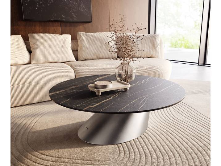 Couchtisch Edge Rund 100x100 cm Keramik Laminam® Noir Desir Braun Conis Edelstahl gebürstet, Couchtische