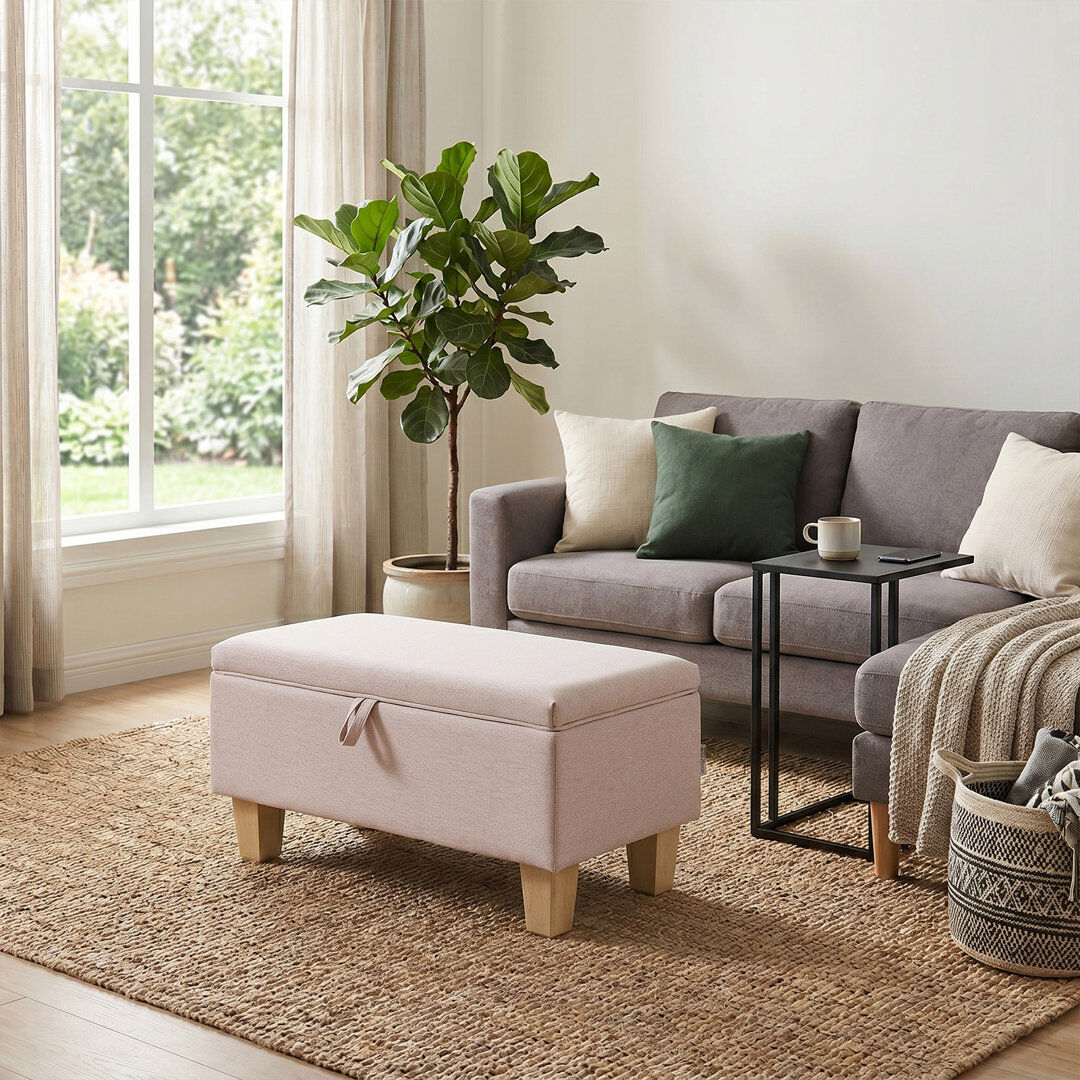 Mack + Milo Amelie 71Cm Wide Rectangle Linen Upholstered Storage Ottoman Cream 34cm H X 71cm W X 37cm D